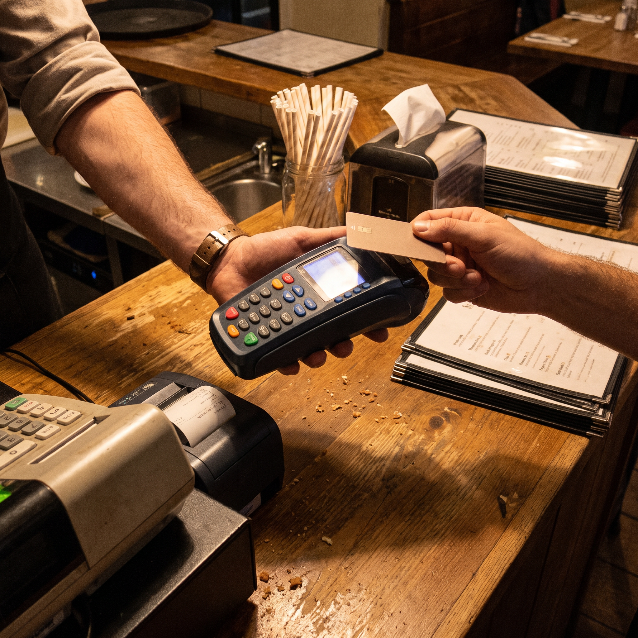 A customer paying with a card on a countertop credit card terminal